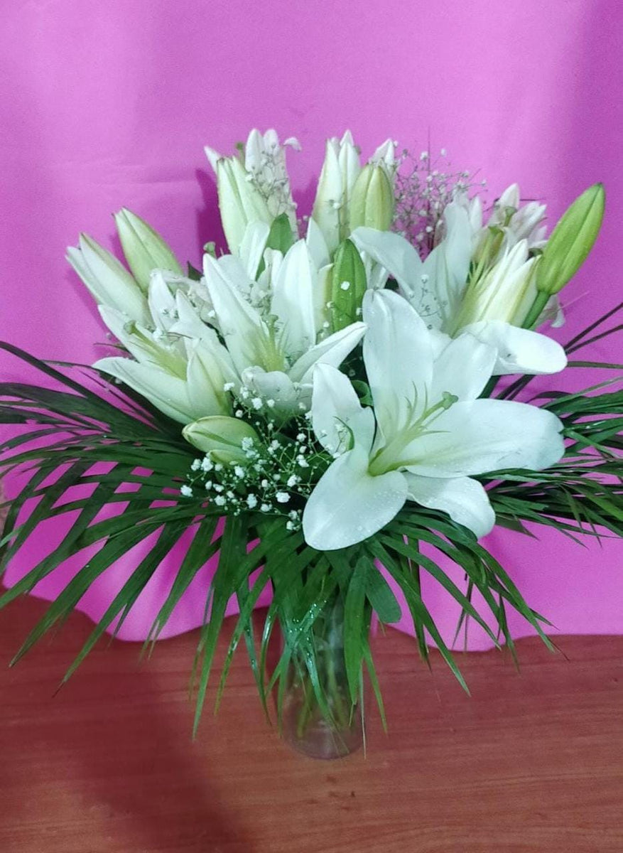 Custom Arrangement (5 White Oriental Lilies + Glass Vase + Green Fille ...