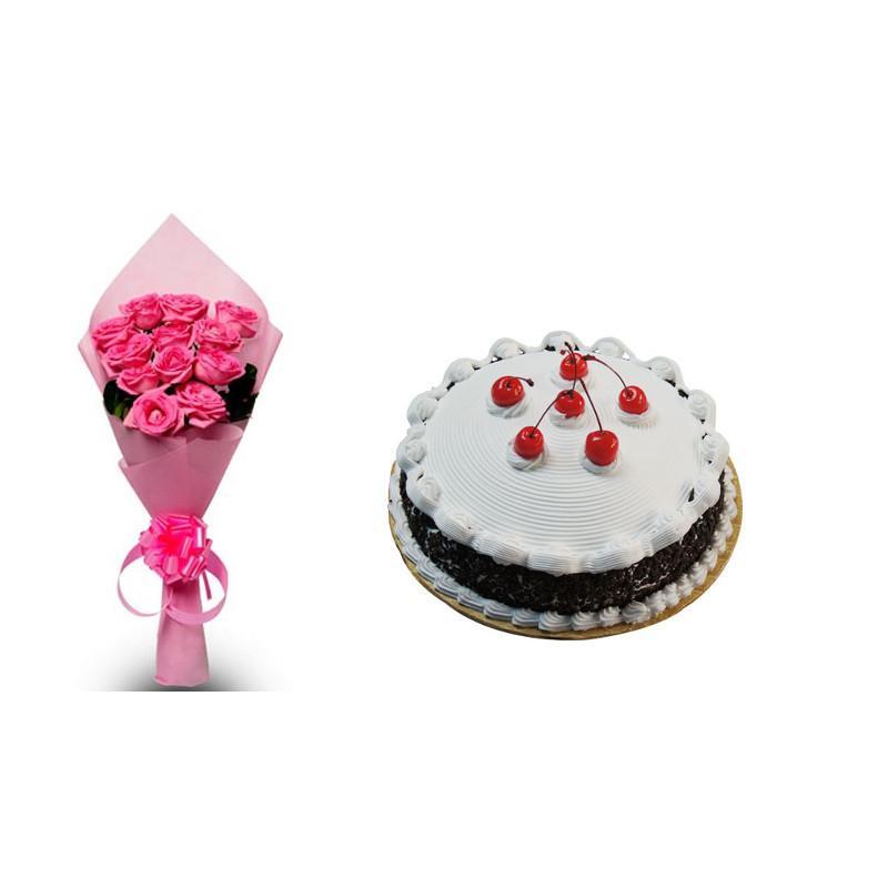Pink Roses and Black Forest Cake Combo | Online Cake Delivery | Blooms ...