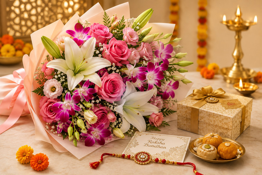 Rakhi flower bouquet with roses, lilies and orchids for Raksha Bandhan