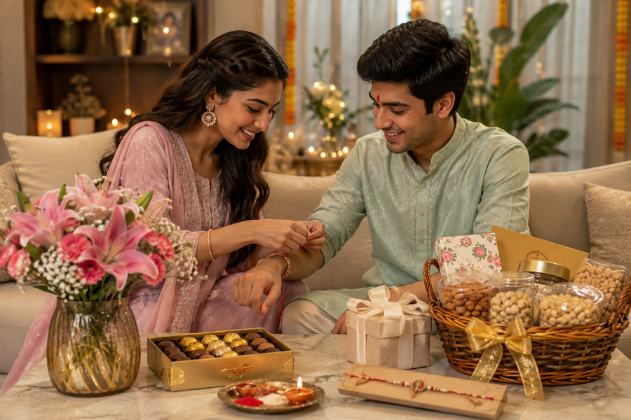 Indian brother and sister celebrating Raksha Bandhan with Rakhi, flowers, chocolates and gifts