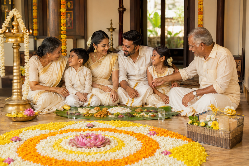 Kerala family celebrating Onam with a Pookalam, Sadya, flowers and gifts