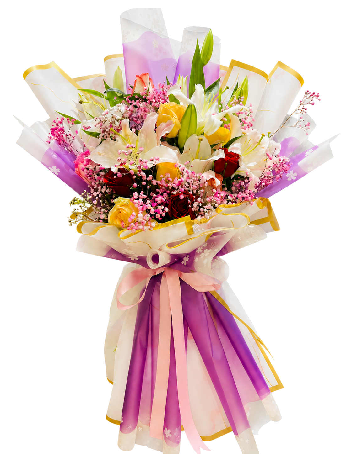 Colourful flower bouquet with lilies and roses in pink and purple wrapping
