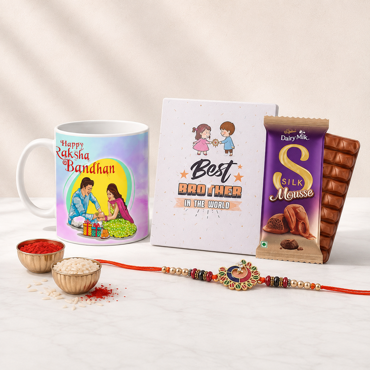 Pearl Rakhi Mug and Silk Set for Raksha Bandhan
