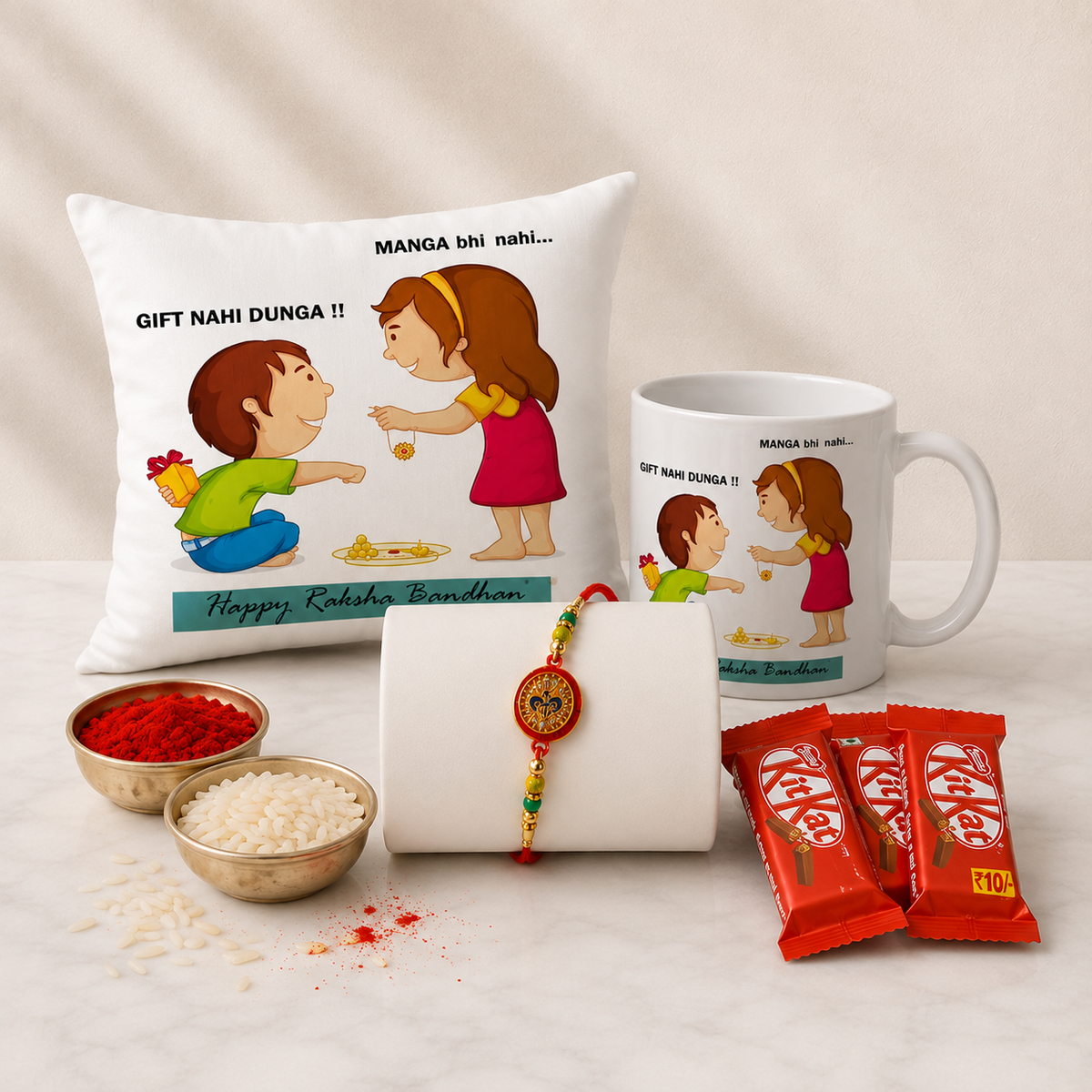 Rakhi Cushion Mug and Chocolate Set for Raksha Bandhan