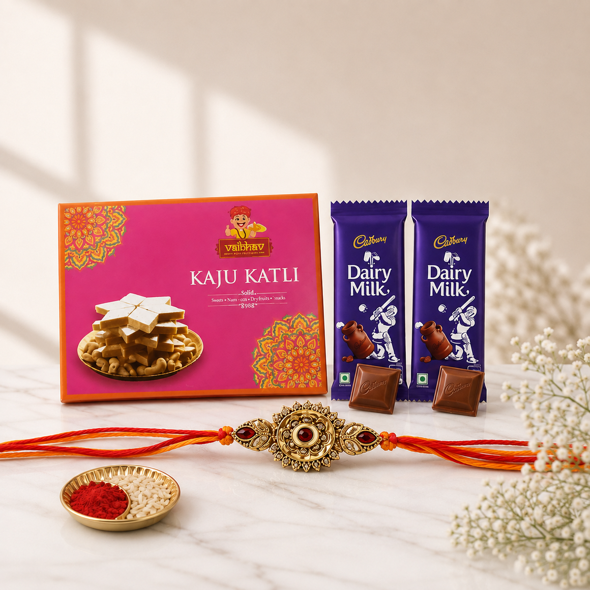 Golden Rakhi with Kaju Katli for Raksha Bandhan