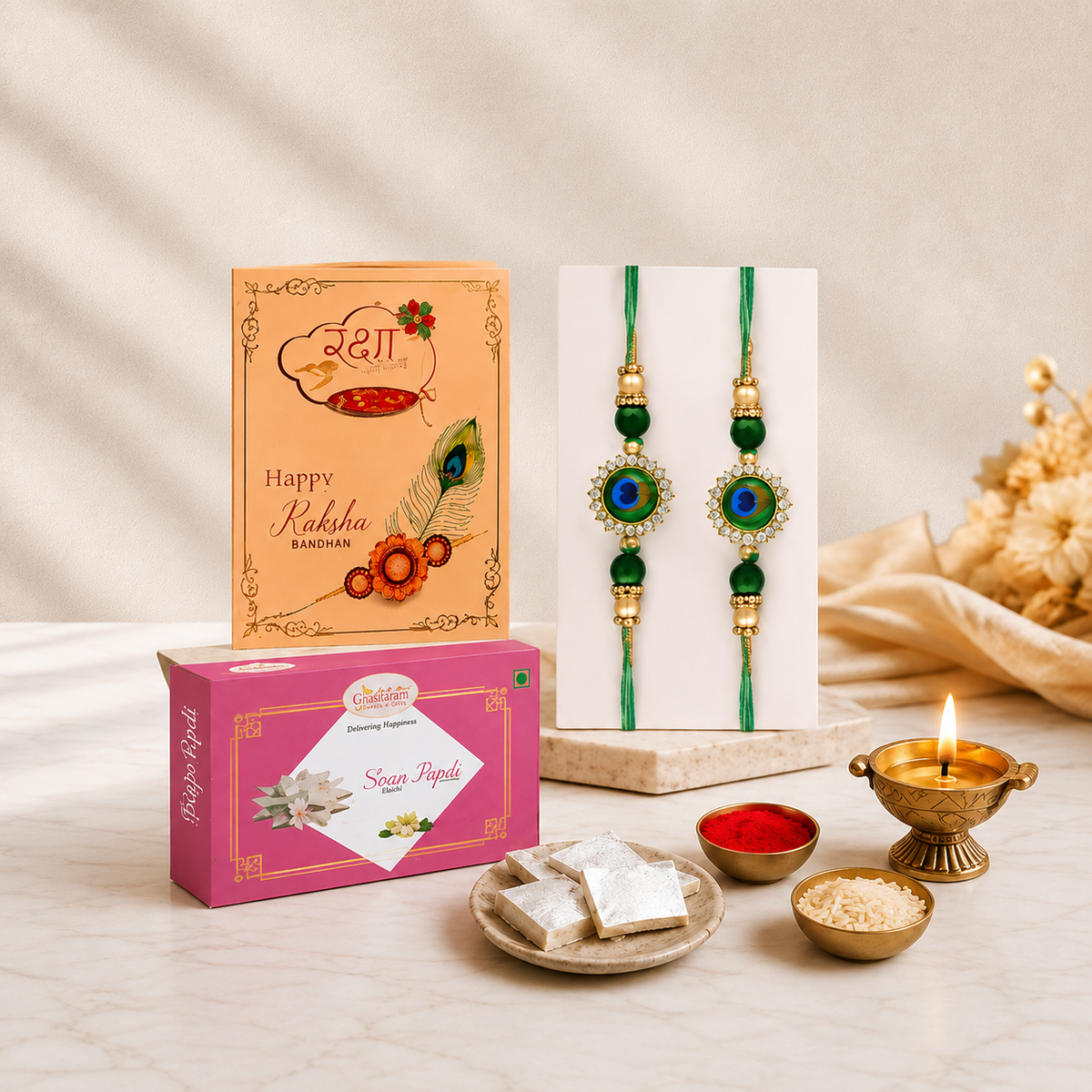 Peacock Rakhi Pair with Soan Papdi for Raksha Bandhan