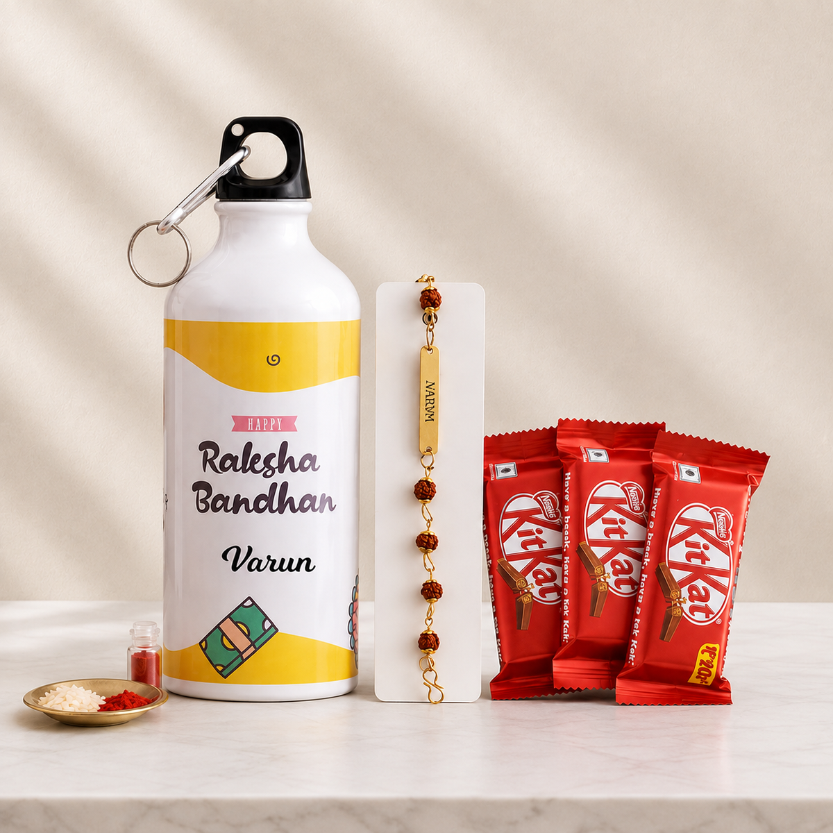 Rudraksha Rakhi Bottle and KitKat Set for Raksha Bandhan