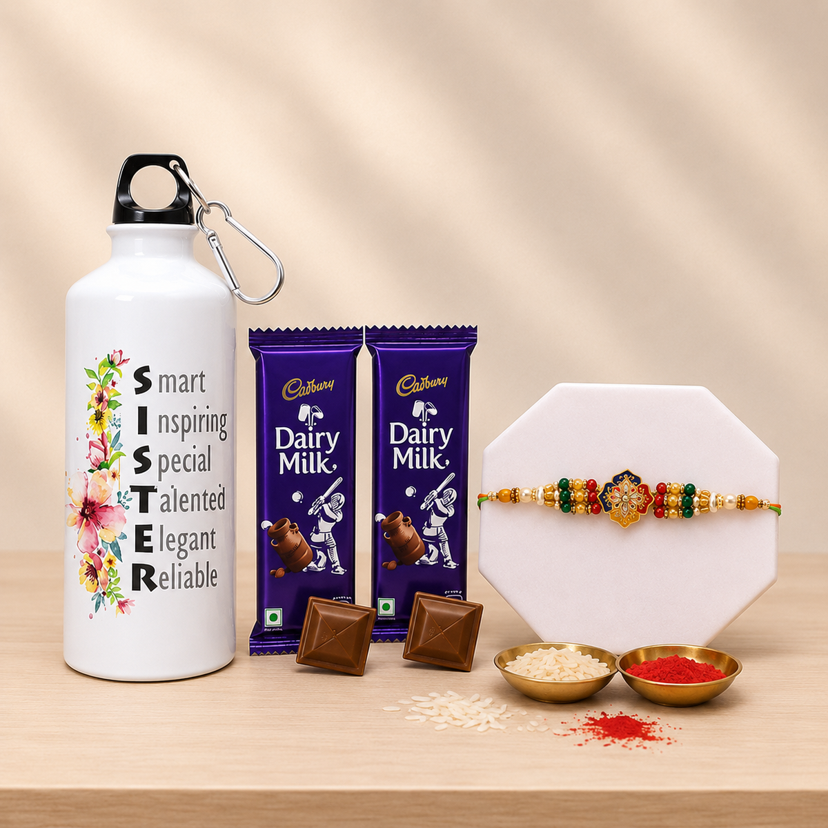 Sister Rakhi Bottle and Chocolate Set for Raksha Bandhan