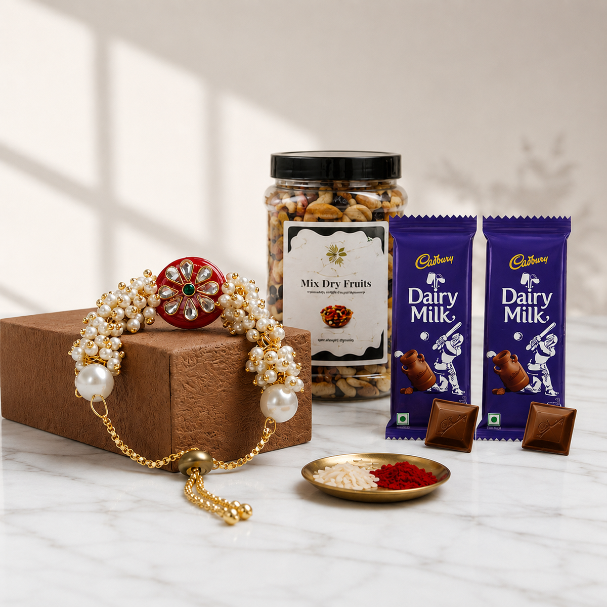 Pearl Rakhi with Dry Fruits for Raksha Bandhan