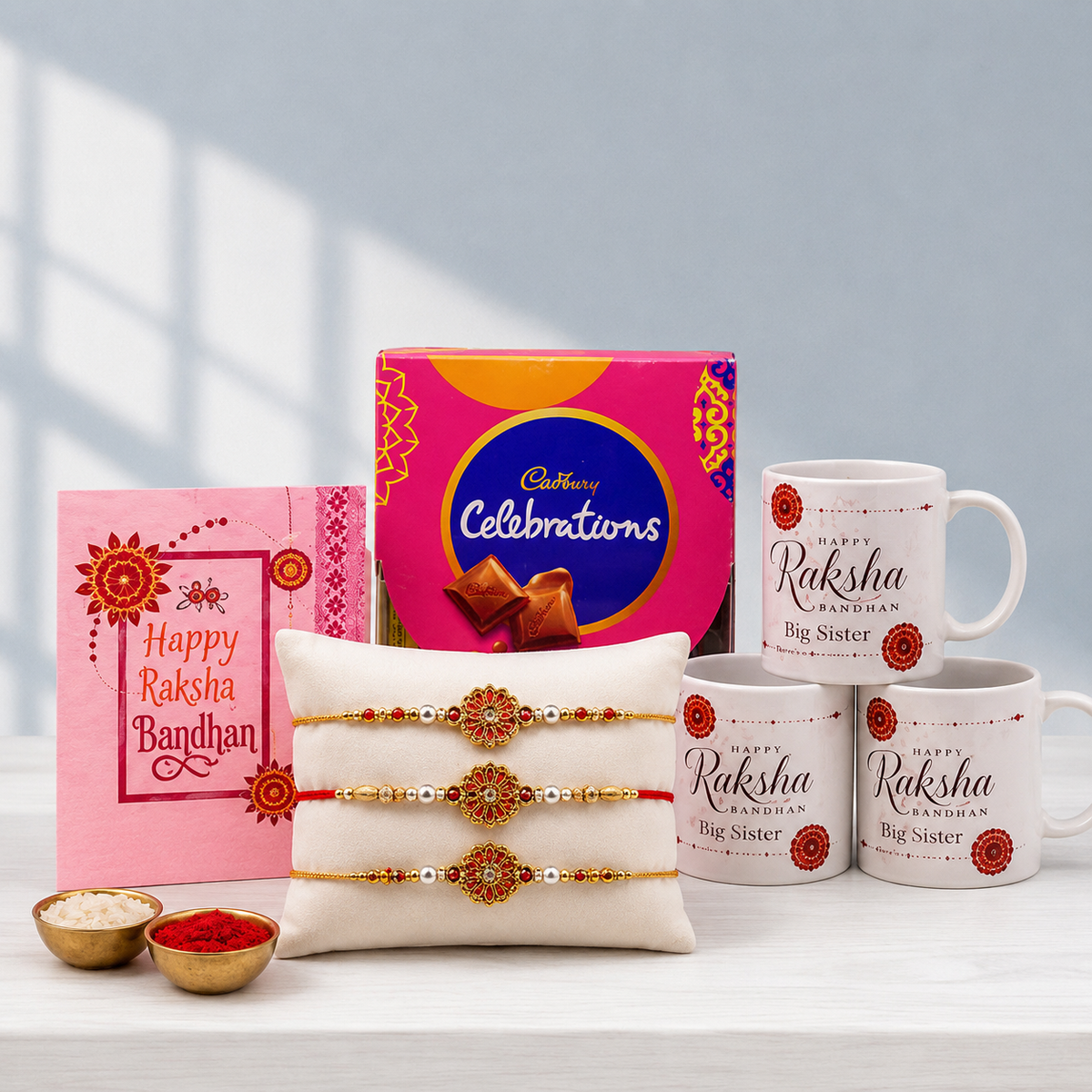 Three Rakhi and Sister Mug Hamper for Raksha Bandhan