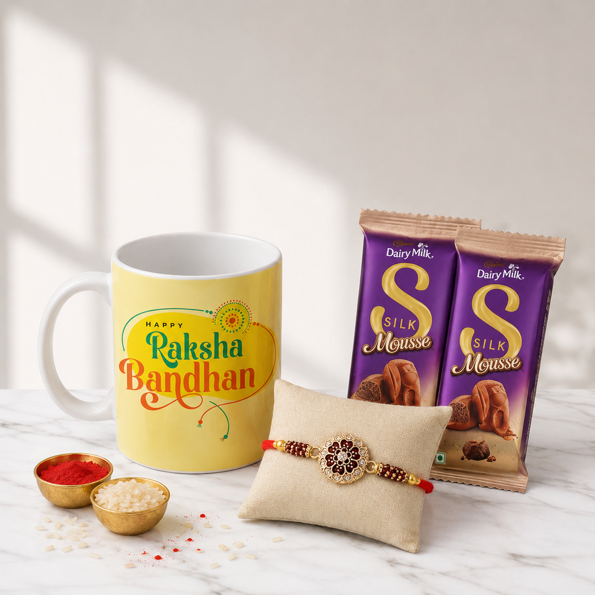 Floral Rakhi Mug and Silk Combo for Raksha Bandhan