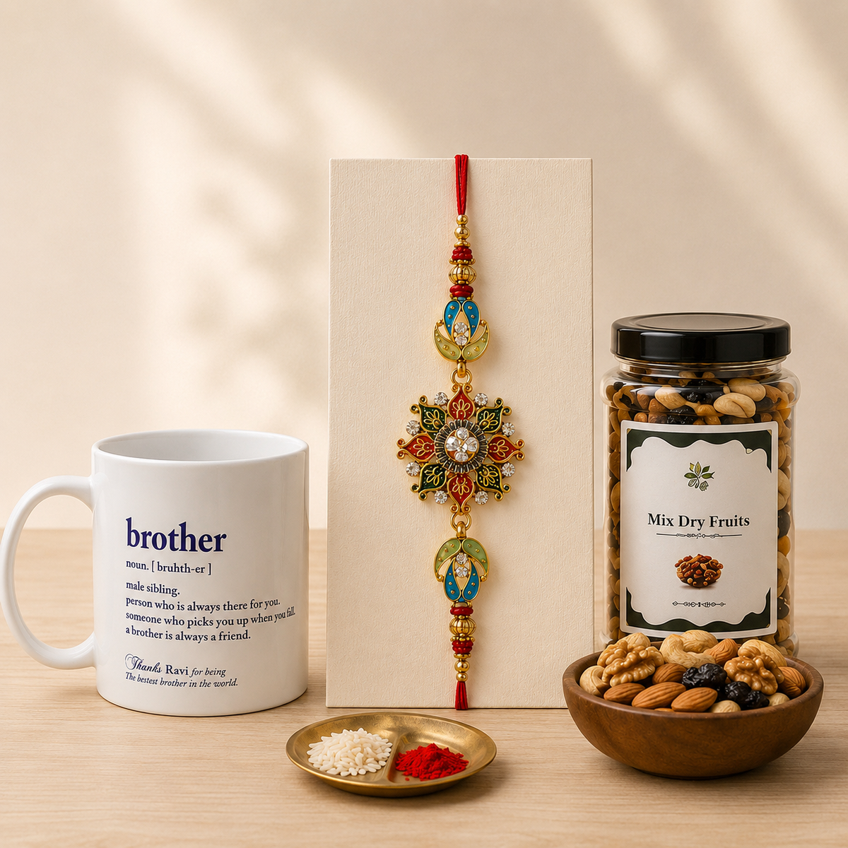 Colourful Rakhi Mug Dry Fruit Set for Raksha Bandhan