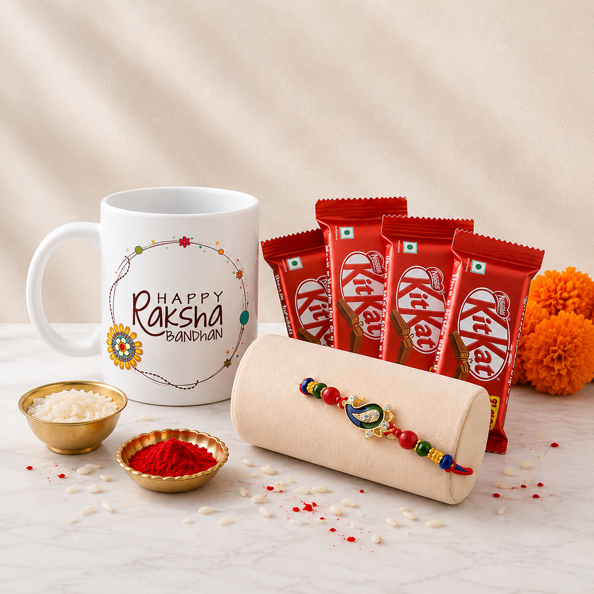 Peacock Rakhi Mug and KitKat Set for Raksha Bandhan