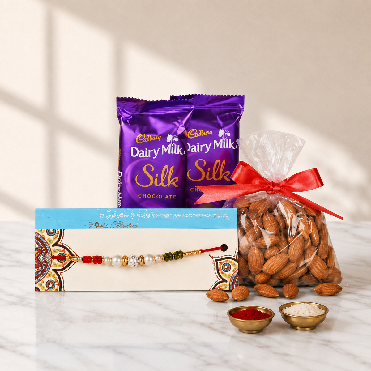Pearl Rakhi Chocolate Almond Hamper for Raksha Bandhan