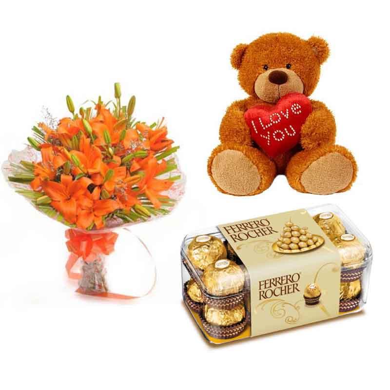 Lilies Teddy And Chocolates