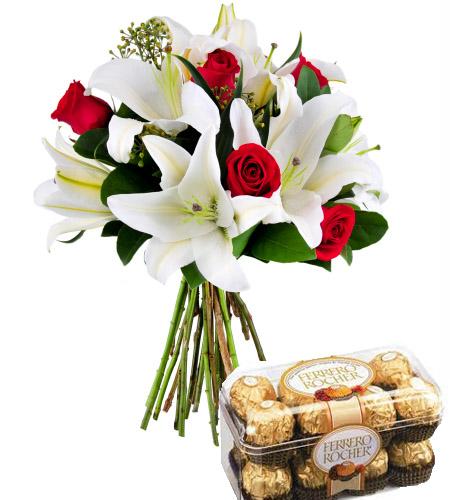 Ferrerorocher N Mix Flower Surprise Gift - Send Flowers to India 
