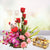 Hapiness Always- Send Flowers to Category | Combos | Flowers-This Beautiful combo consists of 4 Pices Fresh Red Roses, 4 Stem Pink Carnation,6 Stem Purple Orchids Nicely arranged in a basket with 6 Inch teddy bear, seasonal leaves and fillers 16 Pcs Ferrero Rocher Box(200GM) Note: While we always strive to ensure that products are accurately represented in our photographs, from season to season and subject to availability, our florists may be required to substitute one or more flowers for a variety of equal or greater quality, appearance and value. Also for cakes, Actual design and arrangement might differ based on chef, seasonal elements and ingredient availability. 