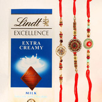 Lindt Excellence And 3 Sets Of Rakhi - for Online Flower Delivery In India 