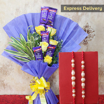 Pearl Rakhi And Rose - Dairymilk Bouquet Combo - for Online Flower Delivery In India 