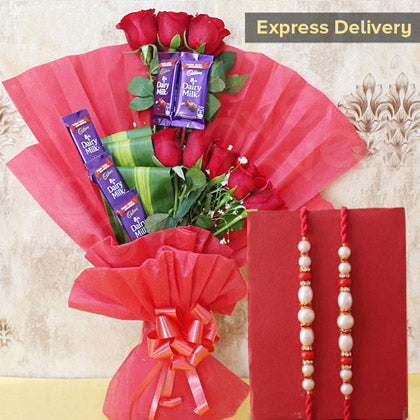Pearl Rakhi And Rose - Dairymilk Bouquet - Send Flowers to India 