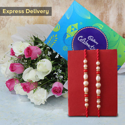 Pearl Rakhi With Bouquet And Cadbury Combo