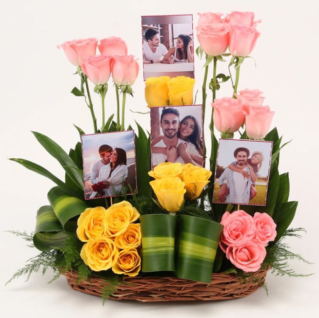 Pink And Yellow Photo Basket - for Flower Delivery in India 