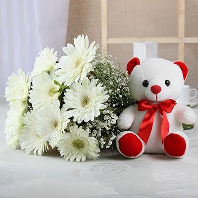 Pure White And Teddy - Send Flowers to India 