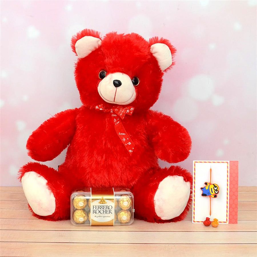 Rakhi Gift With Red Teddy And Ferrro Rocher - for Flower Delivery in India 