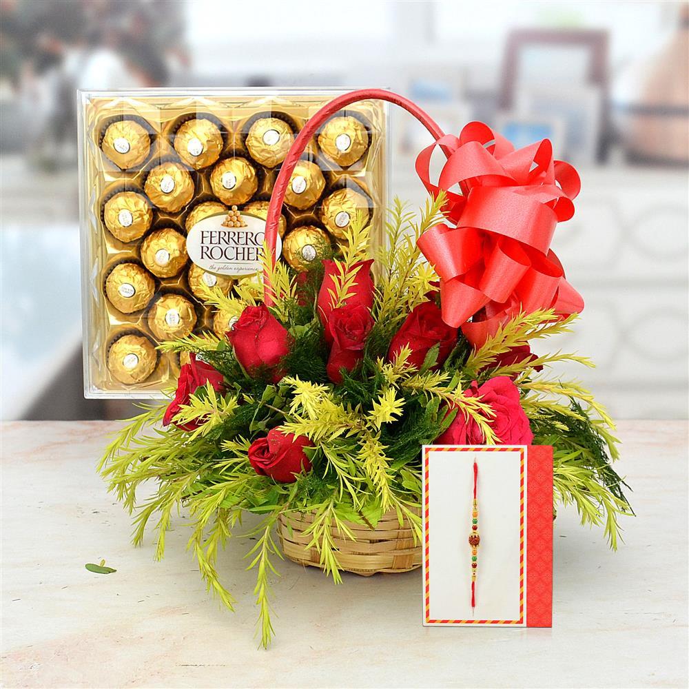 Rakshabandhan Rose Basket And Ferrero Rocher Combo