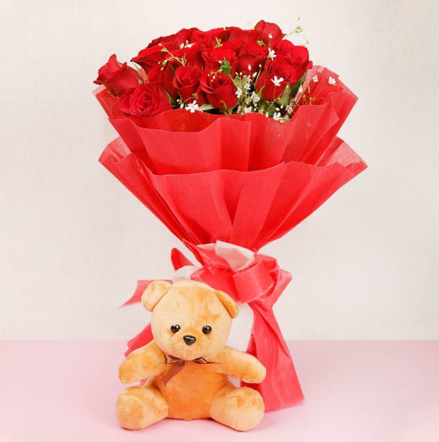 Red Cute Teddy Treat - Send Flowers to India 