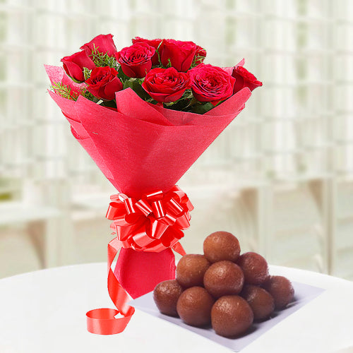 Red Rose N Gulab Jamun Treat - for Flower Delivery in India 