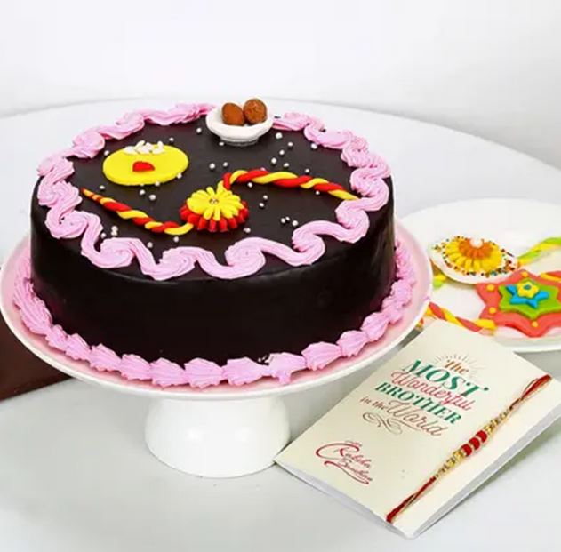 Strawberry Chocolatey Cake And Rakhi Combo - for Midnight Flower Delivery in India 