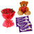 Feel Of Love- Send Gift to Category | Gifts | Combos - This exciting combo of Flowers, Chocolates and Teddy contains: 20 fresh Red Rose bunch One 6 inch Teddy 5 Dairy Milk chocolates While we always strive to ensure that products are accurately represented in our photographs, from season to season and subject to availability, our florists may be required to substitute one or more flowers for a variety of equal or greater quality, appearance and value. 