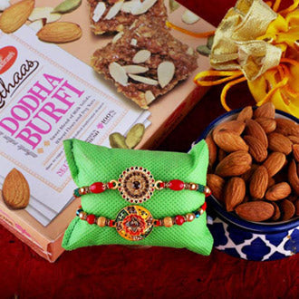 Unique Rakhi, Almonds And Dodha Burfi Combo - for Flower Delivery in India 