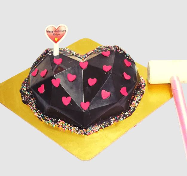 With Heart Chocolaty Pinata Cake - for Midnight Flower Delivery in India 