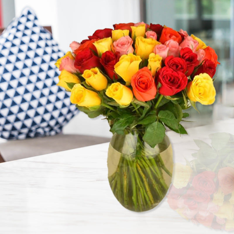 Colorful Roses In Vase - for Midnight Flower Delivery in India 