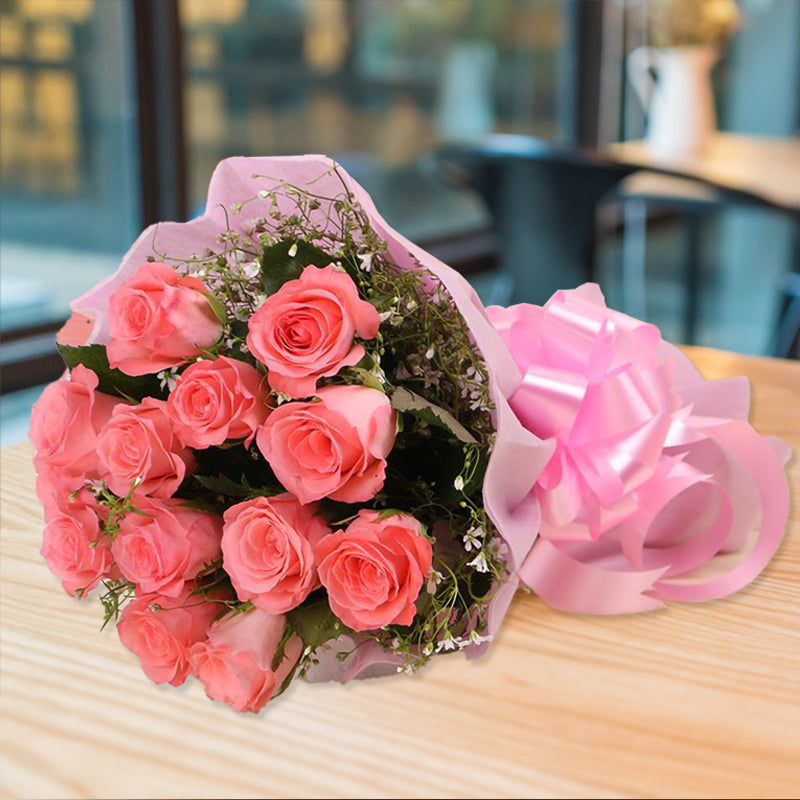 Cute Pure Pink Bunch - 12 Pink Roses