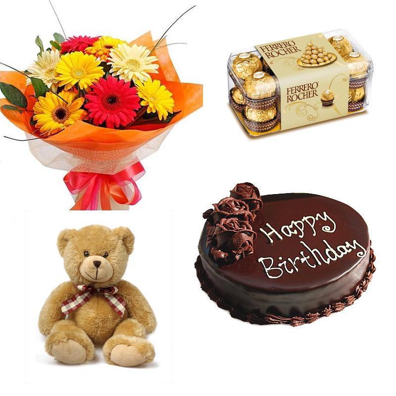 Gerbera, Chocolate, Teddy And Cake Combo