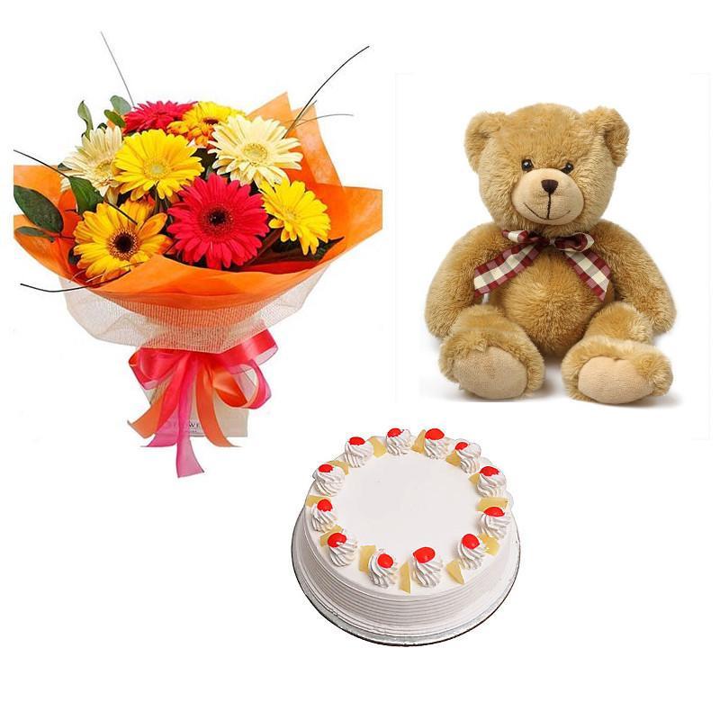 Gerbera, Teddy And Cake Combo