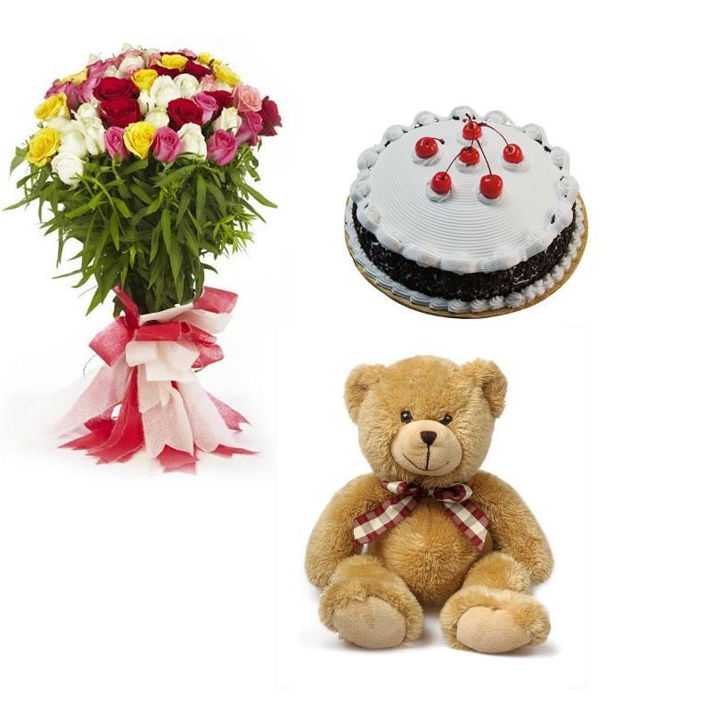 Mixed Roses, Teddy And Blackforest Cake Combo