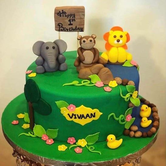 Round Greenish Jungle Theme Cake - for Midnight Flower Delivery in India 