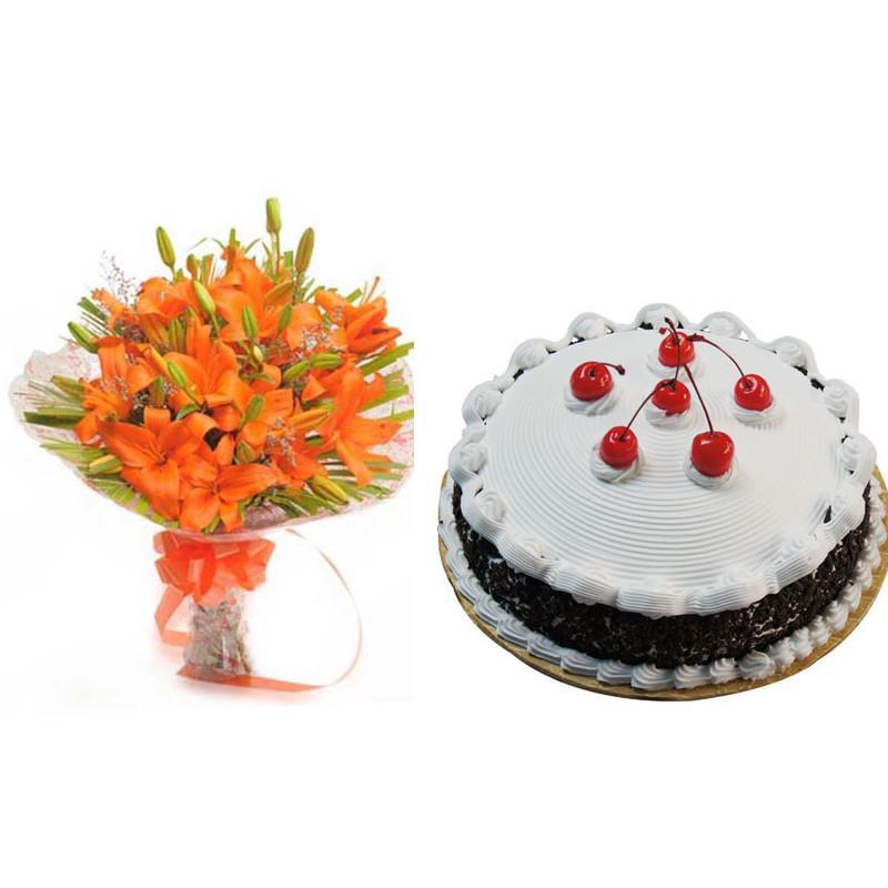 Orange Lily And Black Forest Cake - for Flower Delivery in India 