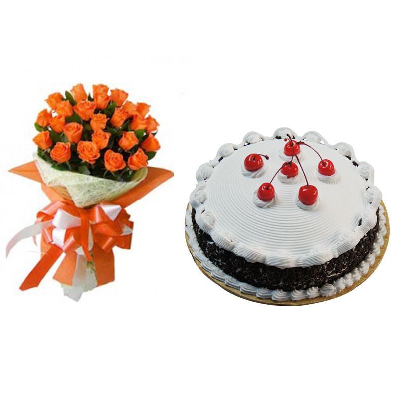 Orange Rose And Black Forest Cake Combo