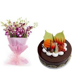 Purple Orchids And Chocolate Cake Combo