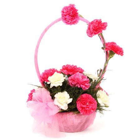 White N Pink Carnations Basket - Send Flowers to India 
