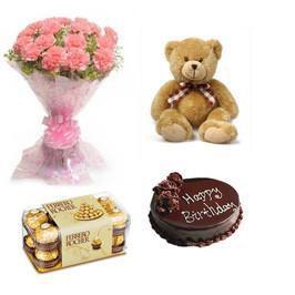 Carnations, Teddy, Chocolate And Cake Combo - for Flower Delivery in India 