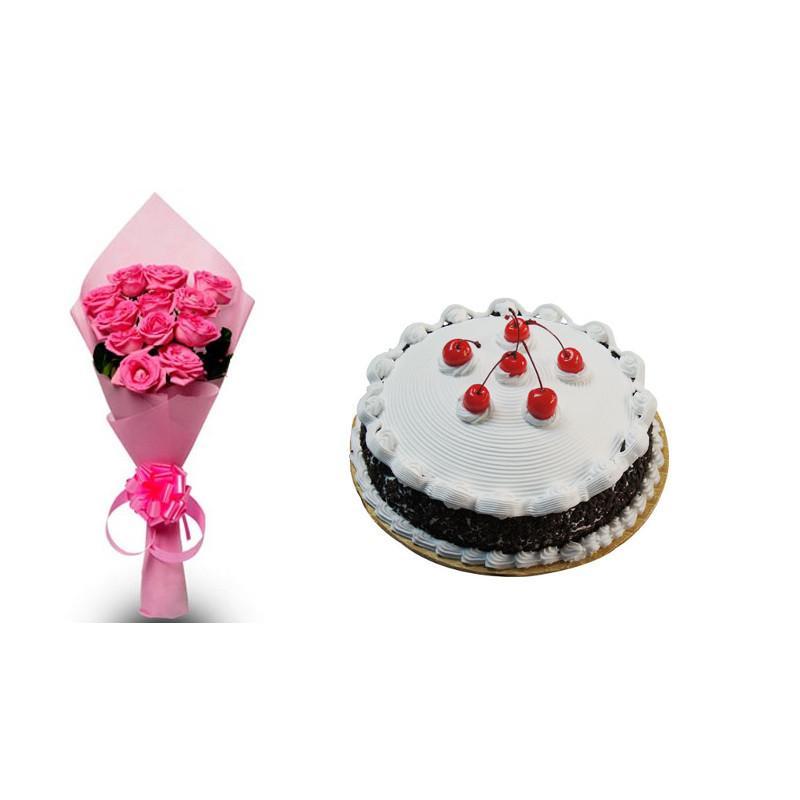 Pink Roses And Black Forest Cake Combo - for Flower Delivery in India 