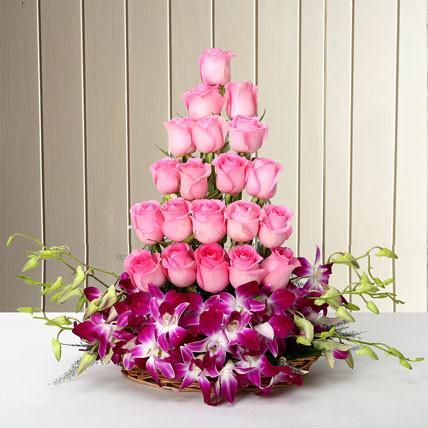 Rose And Orchids Basket - Long Stem Pink Roses