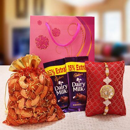 Rakhi With Dry Fruits And Dairy Milk - for Online Flower Delivery In India 