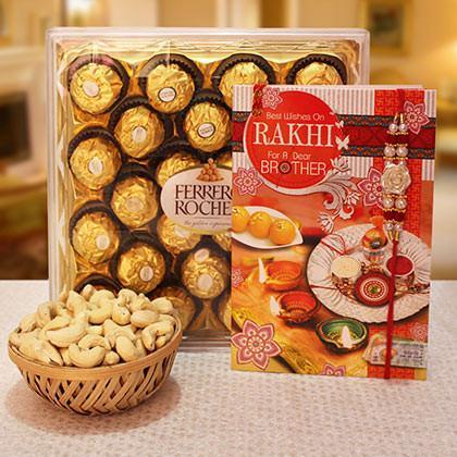 Rakhi With Greeting Card Ferrero Rocher And Cashew - Send Flowers to India 